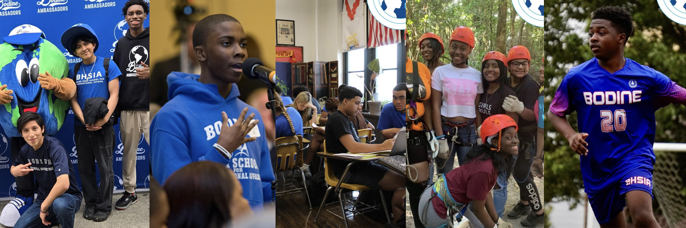 Collage of Bodine High School students participating in school activities, including a mascot photo, public speaking, classroom learning, outdoor adventures, and soccer.