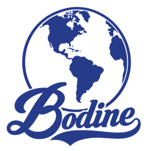 Blue Bodine script logo with a globe showing the Americas above the school name.