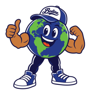 Smiling cartoon globe mascot wearing a Bodine baseball cap and blue sneakers, giving a thumbs-up and flexing one arm.